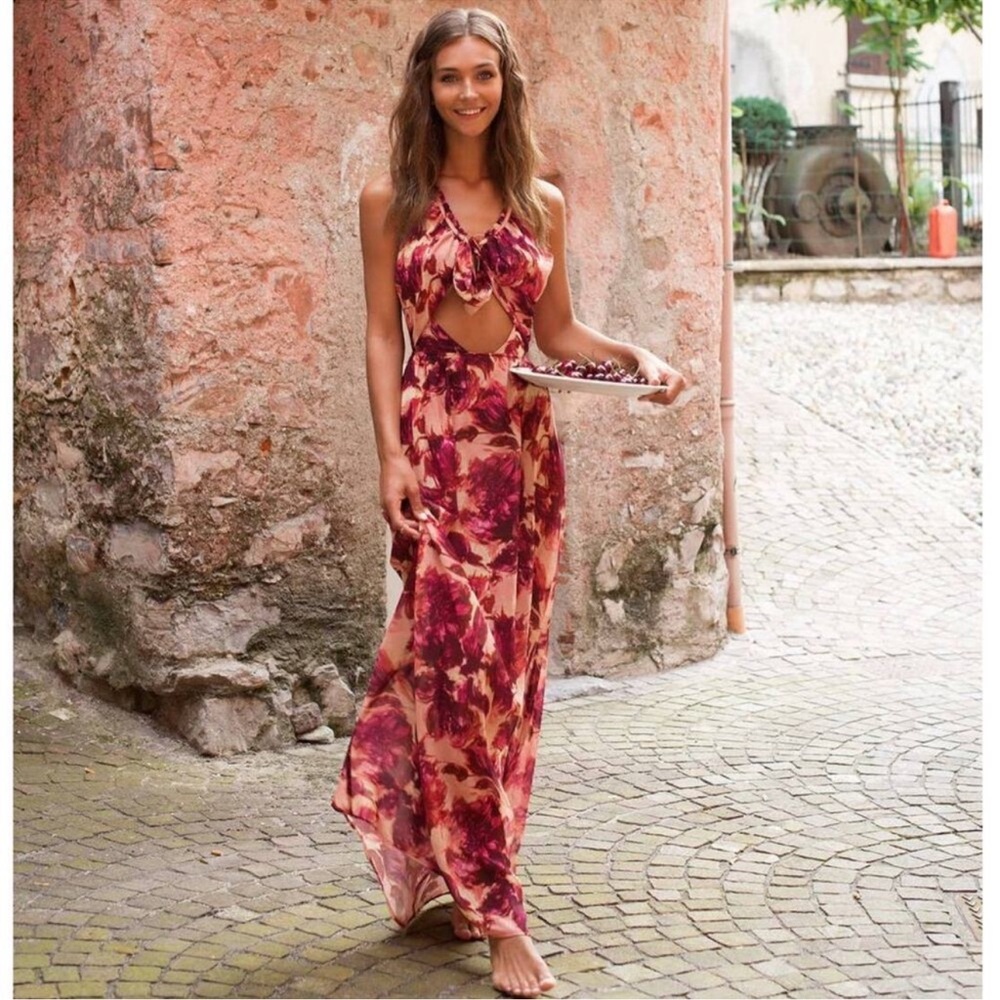 For Love & Lemons Wild Rose Cut Out Floral Maxi Slip Dress Medium